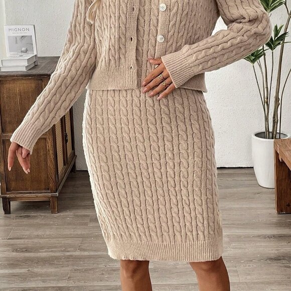 Khaki Casual Women's Button Front Cardigan & Jumper Dress 2-Piece Set - Picture 6 of 6